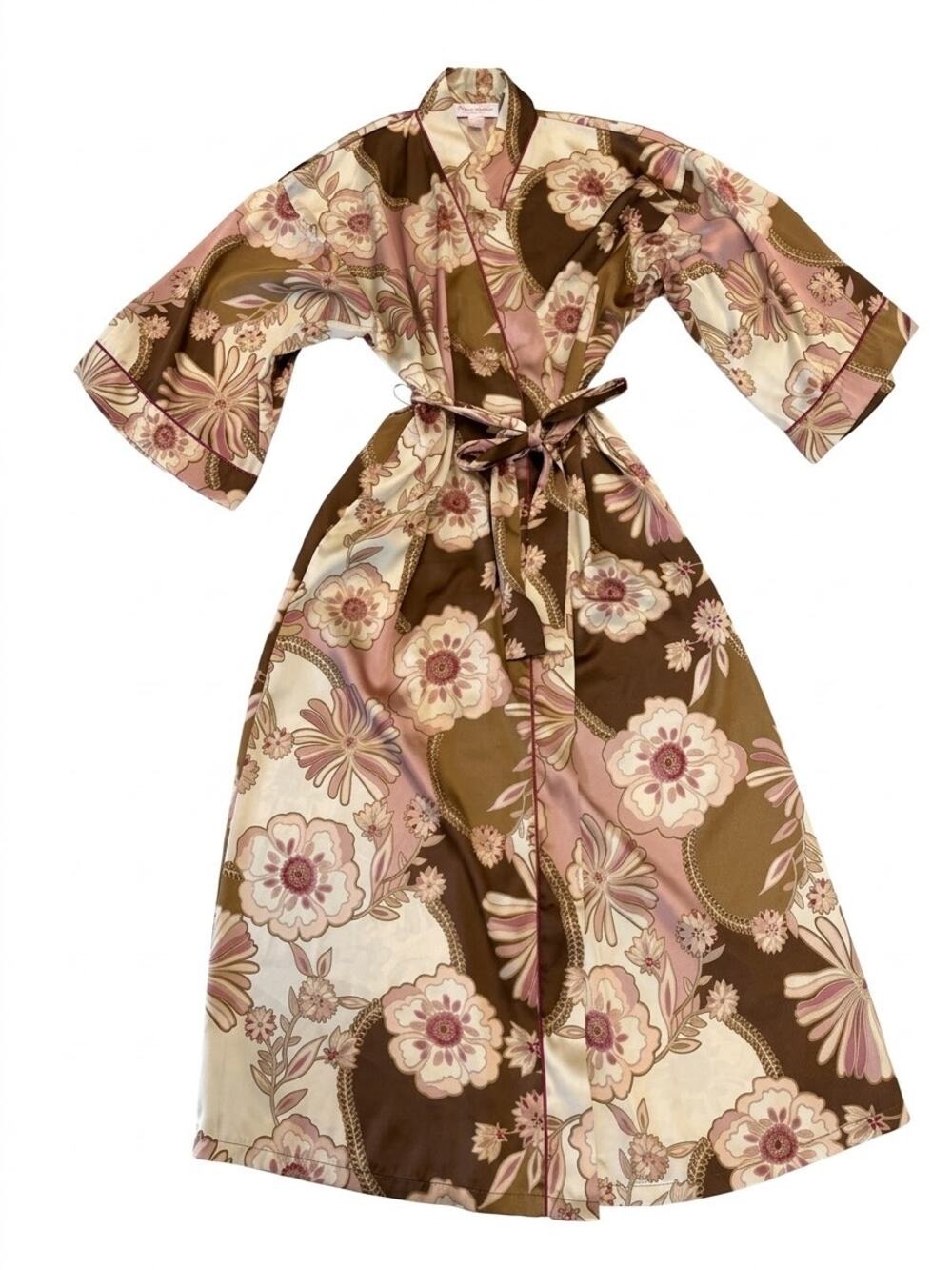 Oscar De La Renta 70s Retro Floral Flower Power Satin Robe Kimono Belted